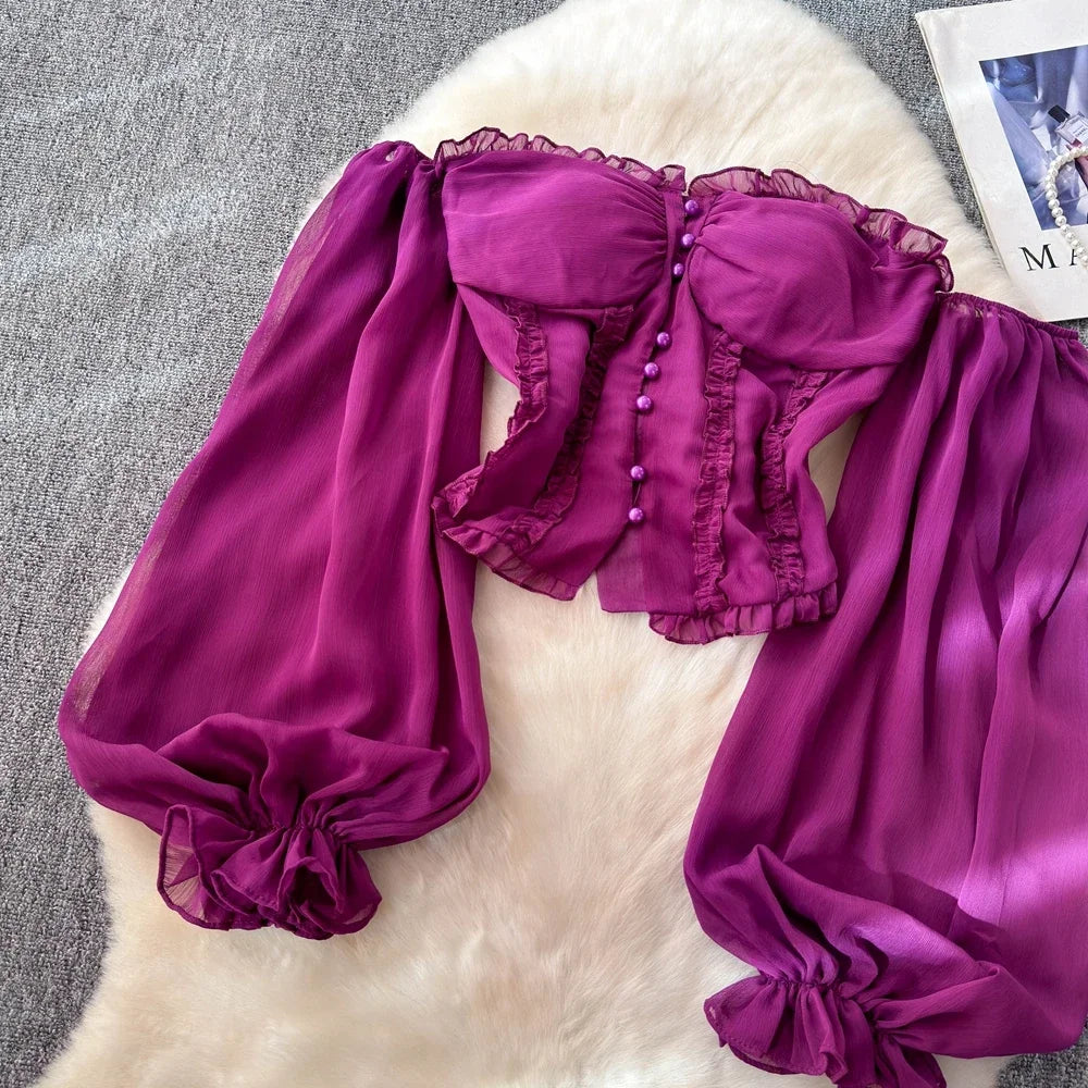 Chiffon Blouse for Women Slash Neck Off Shoulder Solid Color Camisas Ruffles Folds Backless Summer Blusas De Mujer Chic Dropship