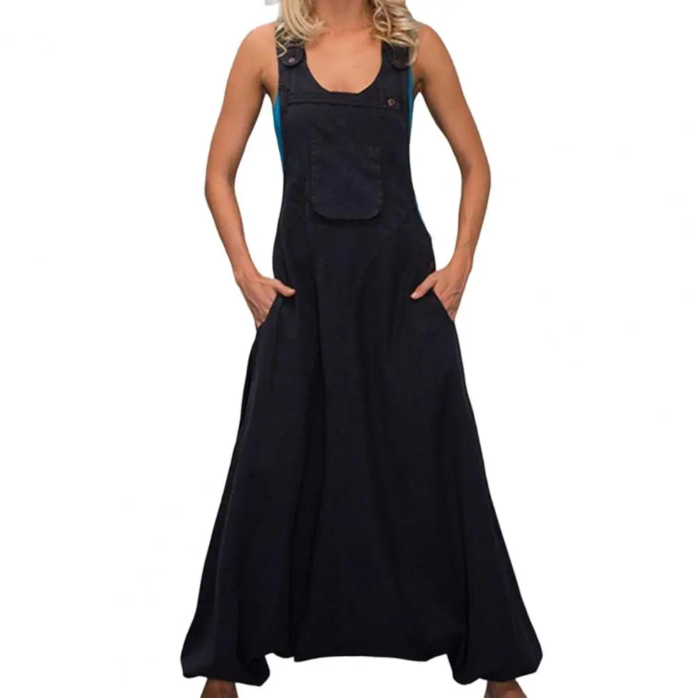 Women Summer Loose Thin Jumpsuits Harem Pants Wide Leg Pants Sleeveless Pockets Bib Jumpsuit Siamese Trousers Large Size S-5XL
