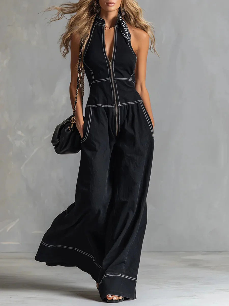 Spring Autumn Fashion Rompers Jumpsuit Women Loose Off-shoulder Zipper Pockets Wide Legs Trousers Overalls Sleeveless 64034
