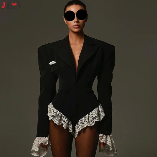 European Style New Women's Clothing Sexy Hottie Deep V Lapel Lace Long Sleeves Color Blocking Jumpsuit For Women