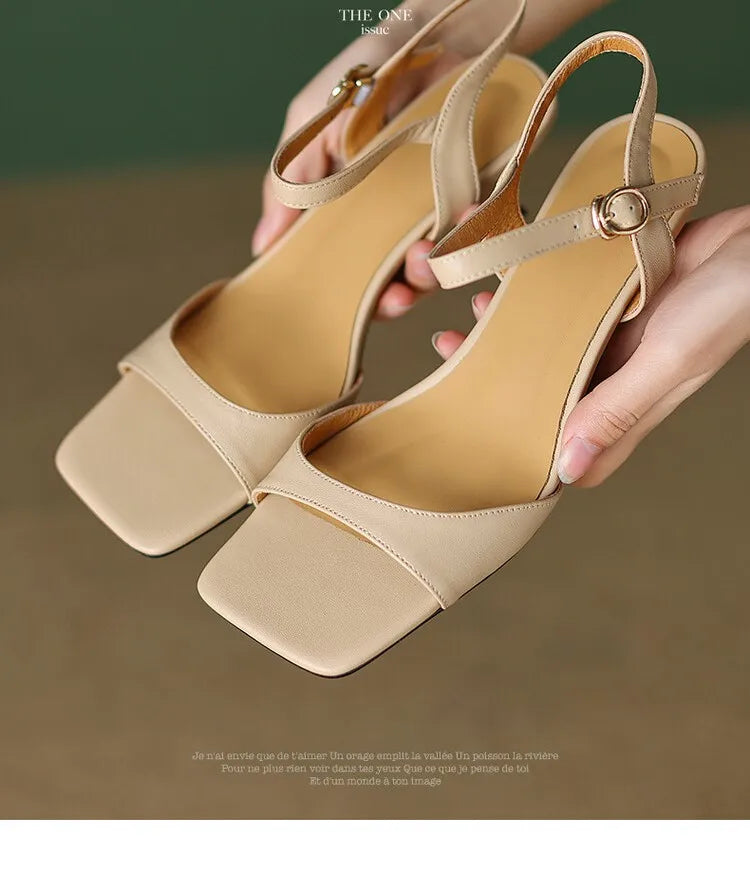 2025 Summer Sandals Women Shoes Open-Toe Thin Heel Women Sandals Split Leather Square Toe Shoes for Women High Heels Handmade