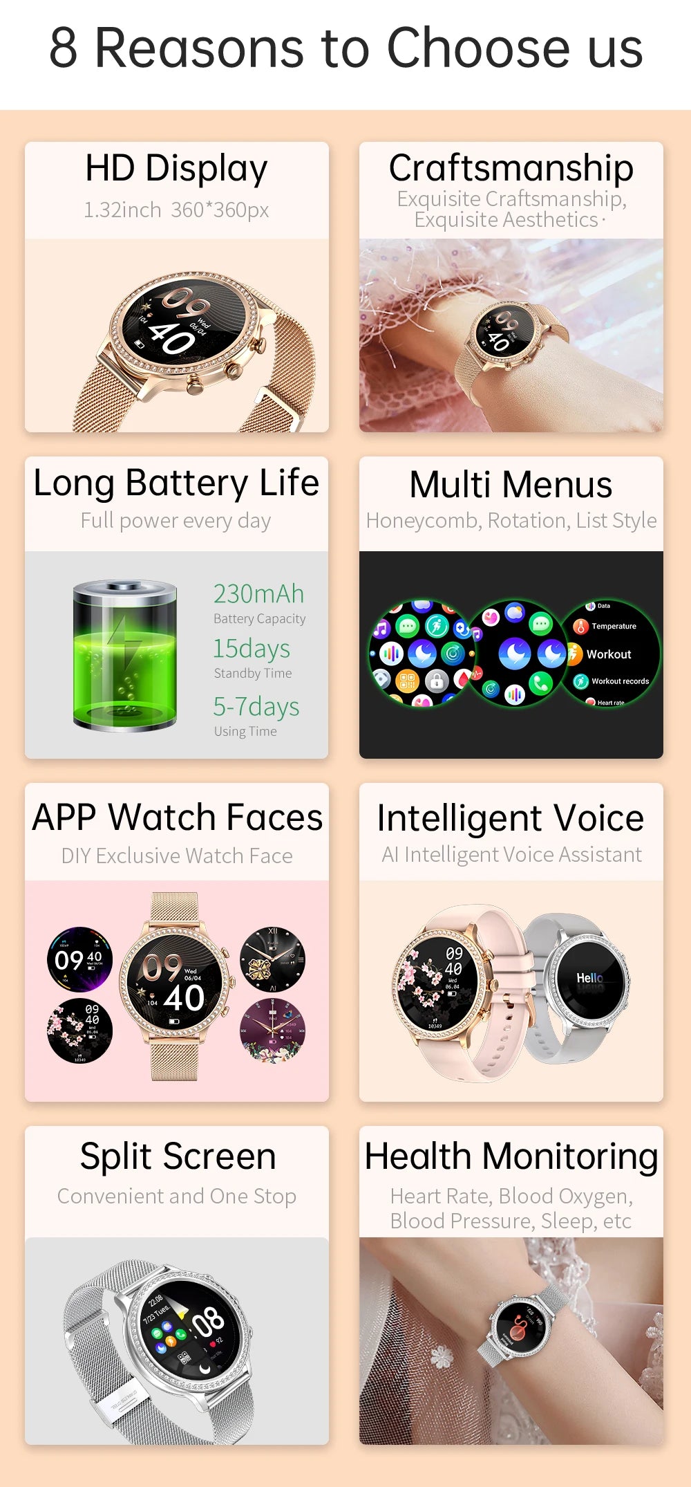 SmartWatch Women Bluetooth Call Smart Watches HD Large Screen Watches Multi-sport Mode Heart Rate Monitoring Strong Battery Life