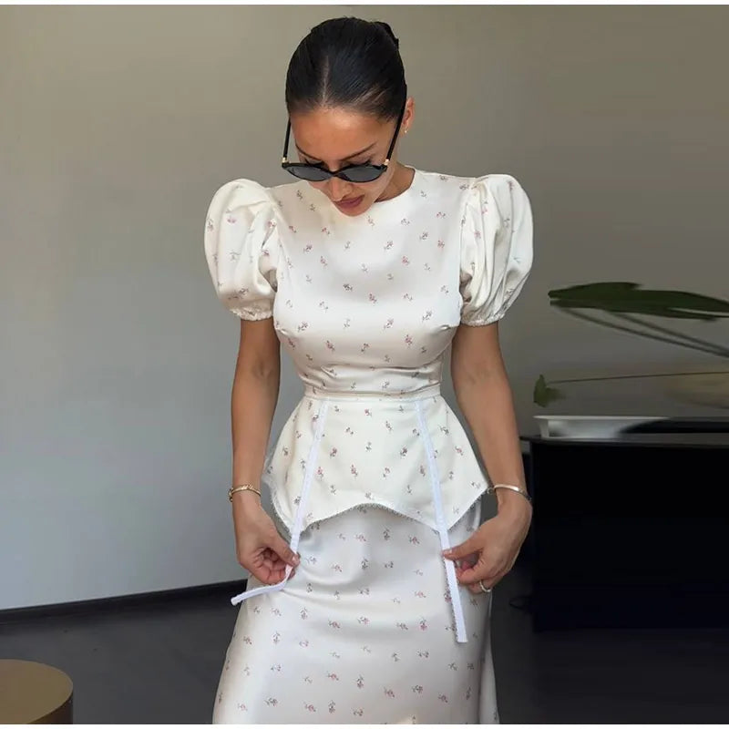 Women's White Floral Print Puff Sleeve Dress With Waistband Fashion Satin Ruffled Hem Maxi Dress Lady 2026 Elegant Party Robes