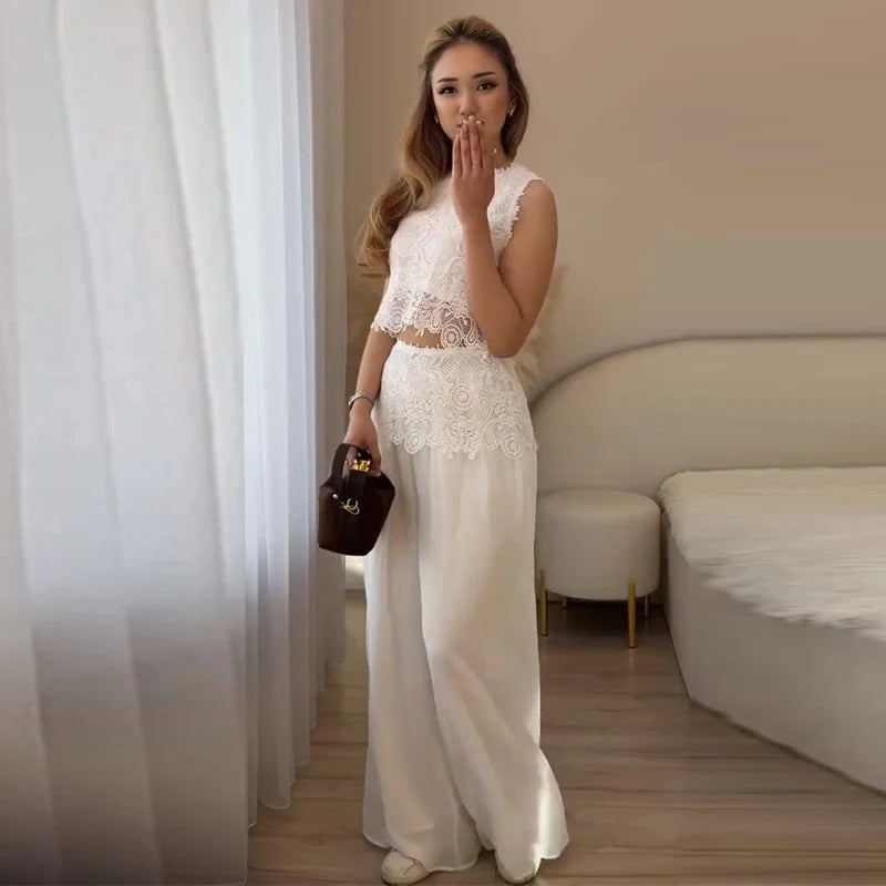 Casual Lace Tops Pants Sets Women O Neck Sleeveless High Waist Wide Legs Outfits Female 2026 Summer Beach Vacation Solid Suits