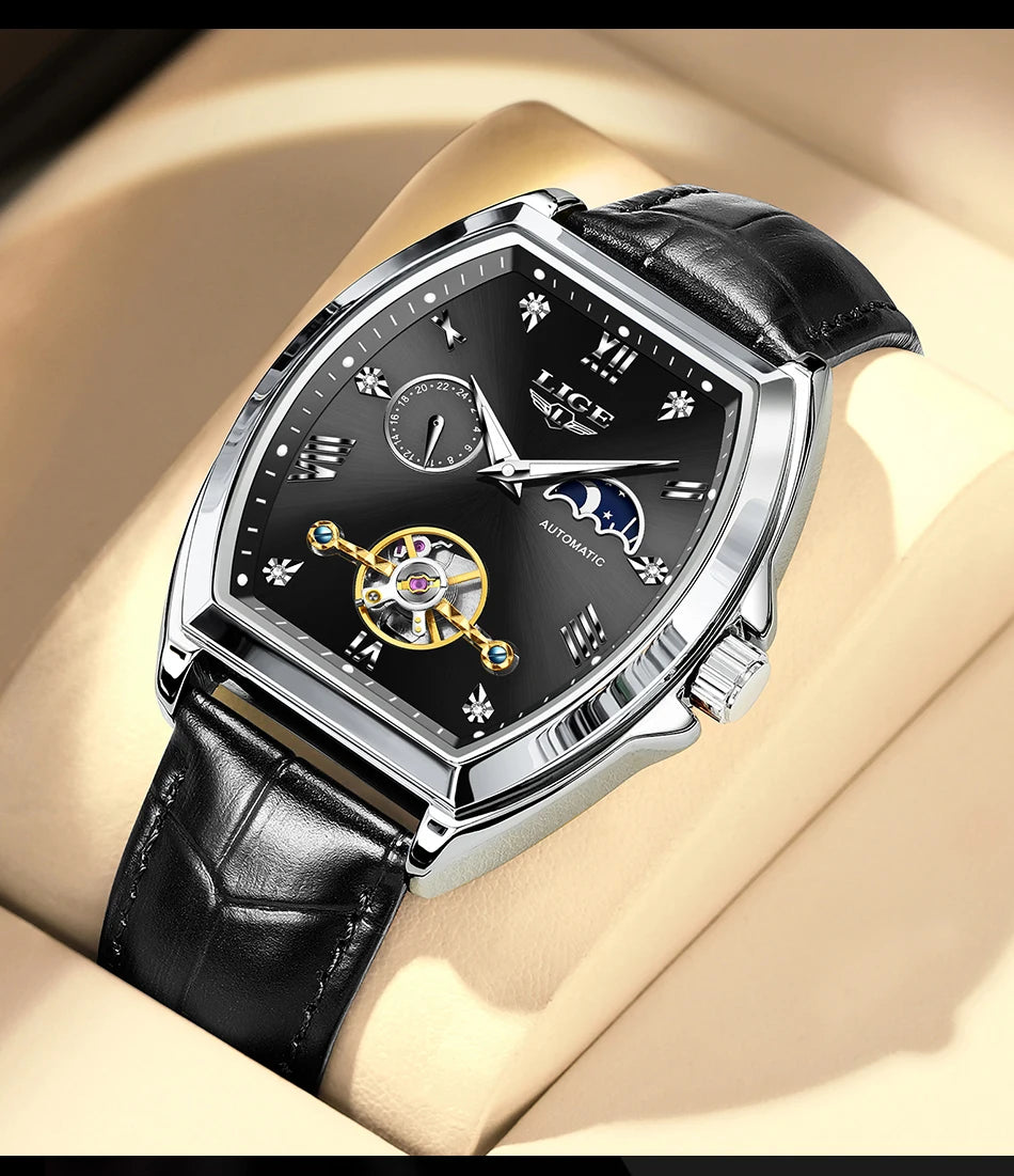 LIGE Luxury Mens Rectangular Dial Mechanical Watches Waterproof Leather Automatic Luminous Watch Business Men relogios masculino