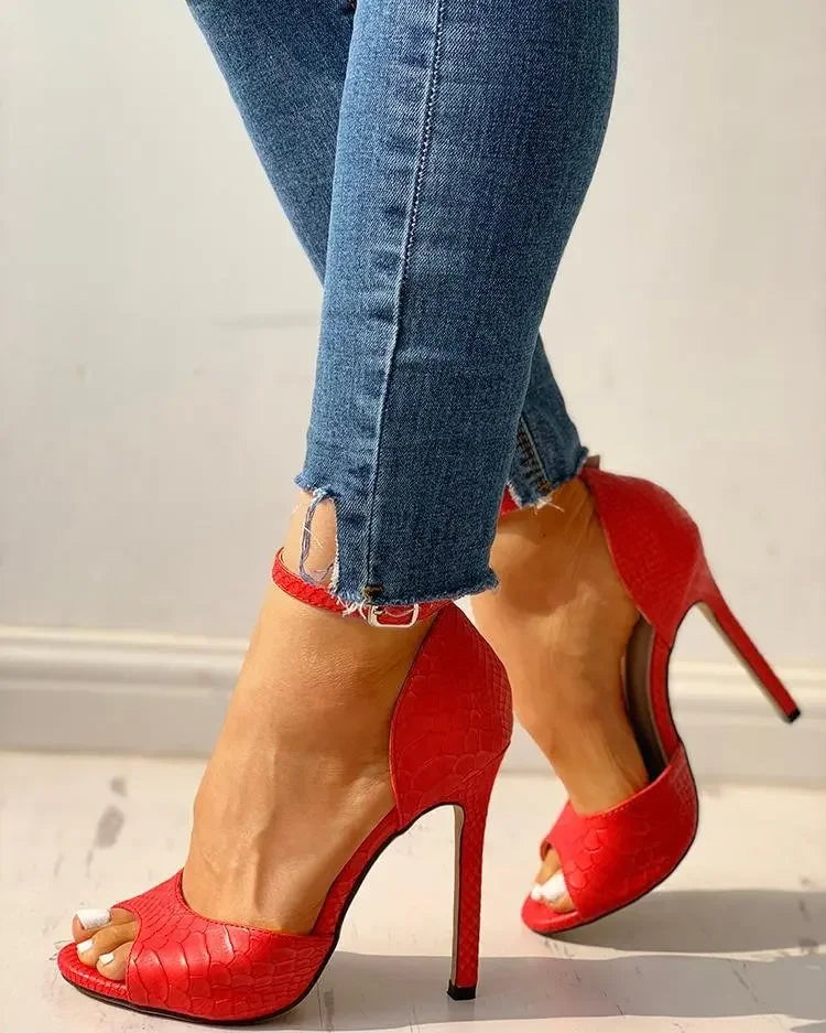 Sexy White Dress Wedding Shoes Women Ankle Strap Peep Toe High Heel Sandals Super High Heels Buckle Snake Pattern Woman Pumps