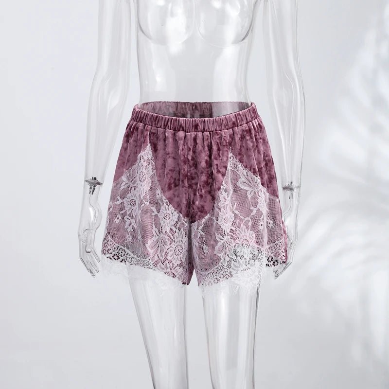 Green Velvet Lace Trim Shorts Women's Casual High-waist Straight Short Pants 2026 New Ladies Summer Vacation Beach Outfit