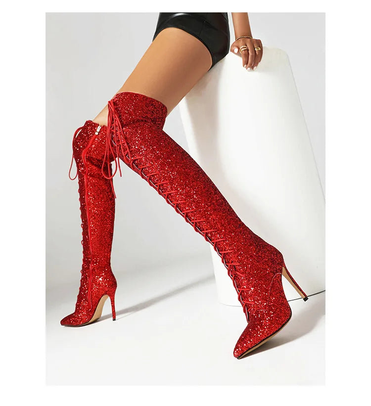 10CM Night Club Over The Knee Boots Sequins Thin High Heels Fashion Lady Pointed Long Boots Autumn Winter Party Shoes For Women