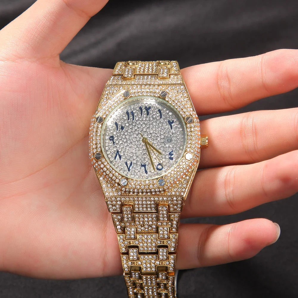 UWIN Hip Hop Stainless Steel Wristwatches for Men Full Iced Out Stones Fashion Luxury Zircon Quartz Square Watches for Gift