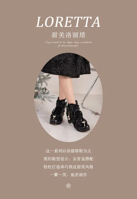 Lolita Great Quality Block High Heels Women Ankle Boots White Shoes Lace Decor Lace Up Chunky Heeled Bow Boots for Women Verclo