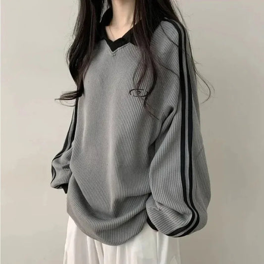 Women's Lined Thin Polo Collar Sweatshirt Spring Autumn Winter New Arrival Korean Style Home 3 Colors Vintage Design