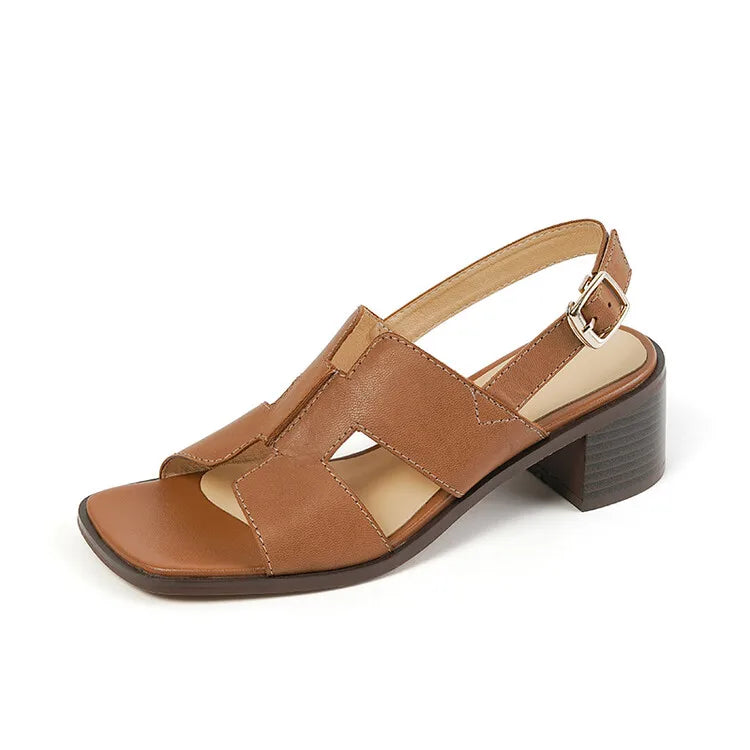 2025 Summer Women Shoes Square Toe Chunky Heel Women Sandals High Heels Ladies Shoes Casual Leather Shoes Women Genuine Leather