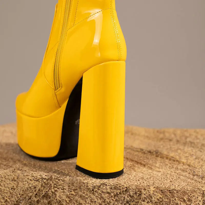 New Lacquer Leather Autumn and Winter Short Boots Women's Thick High Heels Sexy Short Tube Large Fashion Short Boots