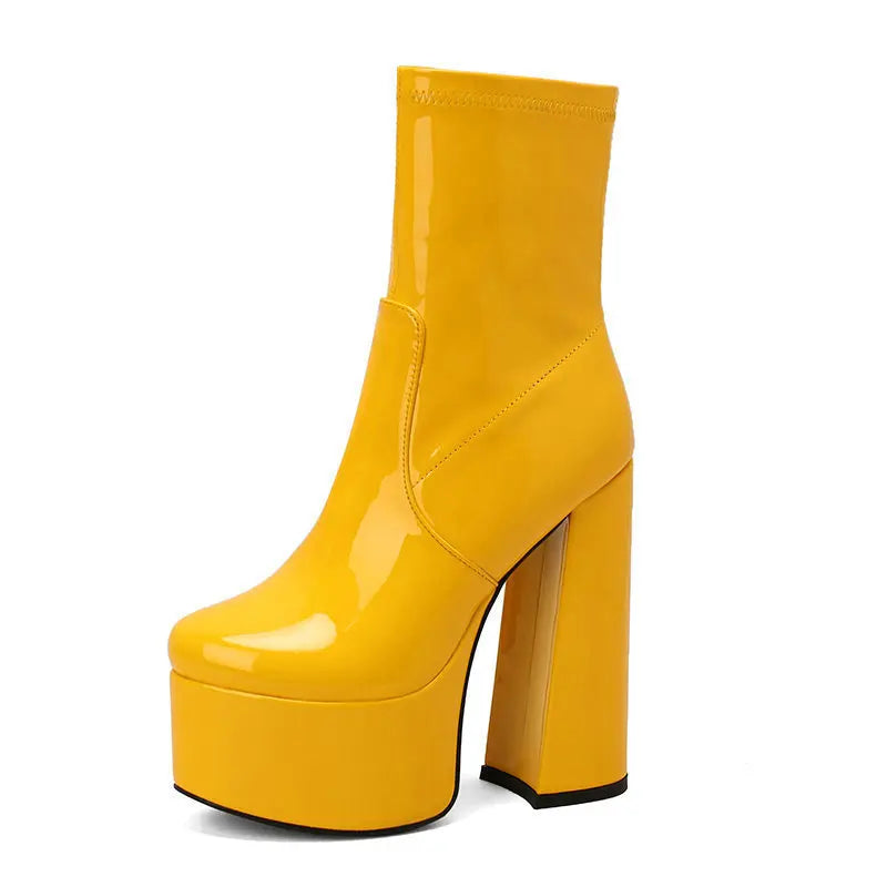 New Lacquer Leather Autumn and Winter Short Boots Women's Thick High Heels Sexy Short Tube Large Fashion Short Boots