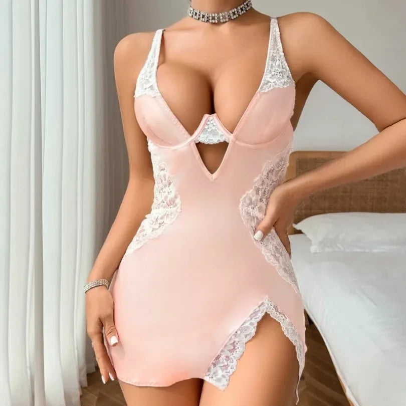 Sexy Deep V Neck Satin Dress Women Sexy Lingerie Lace Patchwork Split Sissy Night Dress Slip Dress Silk Nightwear Платье Женское