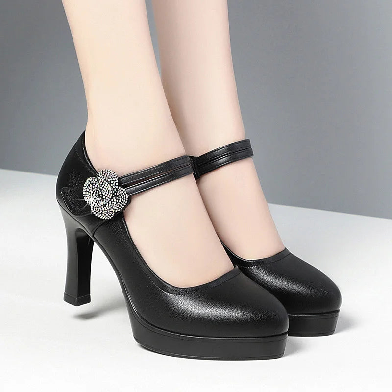 Women's Pumps Pointed Toe Office Soft Leather Flower Buckle Strap Platform High Heels Four Season Shallow Mouth Single Shoes