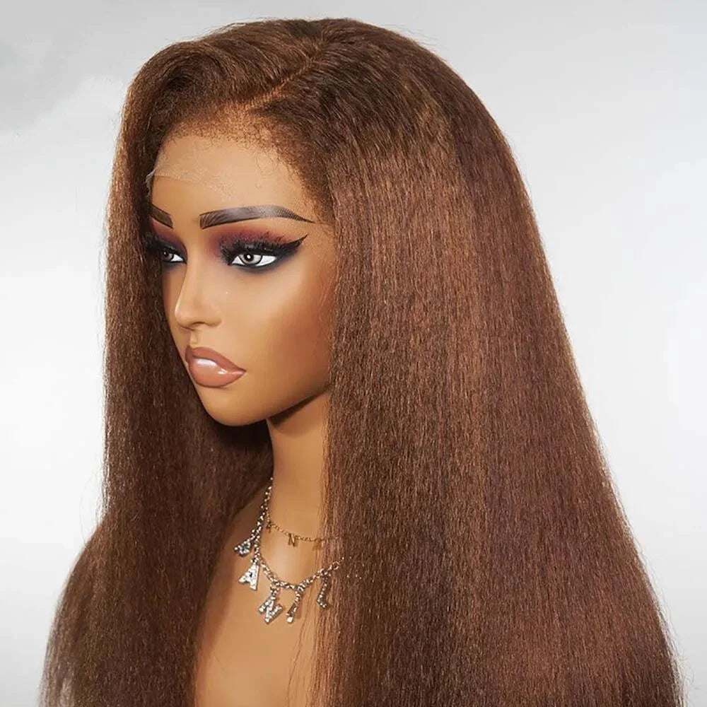 180Density Soft 26“Long Kinky Straight Yaki Soft Brown Preplucked Lace Front Wig Synthetic For Women Heat Resistant Glueless