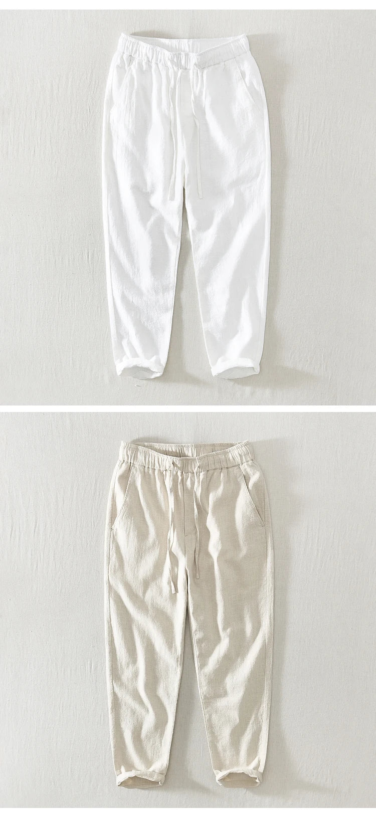 Summer Thin Cotton Linen Straight Leg Casual Pants Men's Loose Fit Drawstring Elastic Waist Nine Point Pants Breathable Youth...