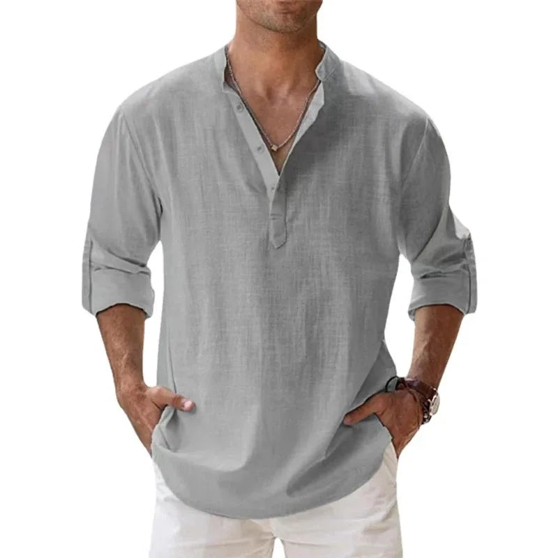 New Men Casual Shirts Lightweight Long Sleeve Henley Cotton Shirts for Beach Linen Shirts Hawaiian Breathable Collar Tops