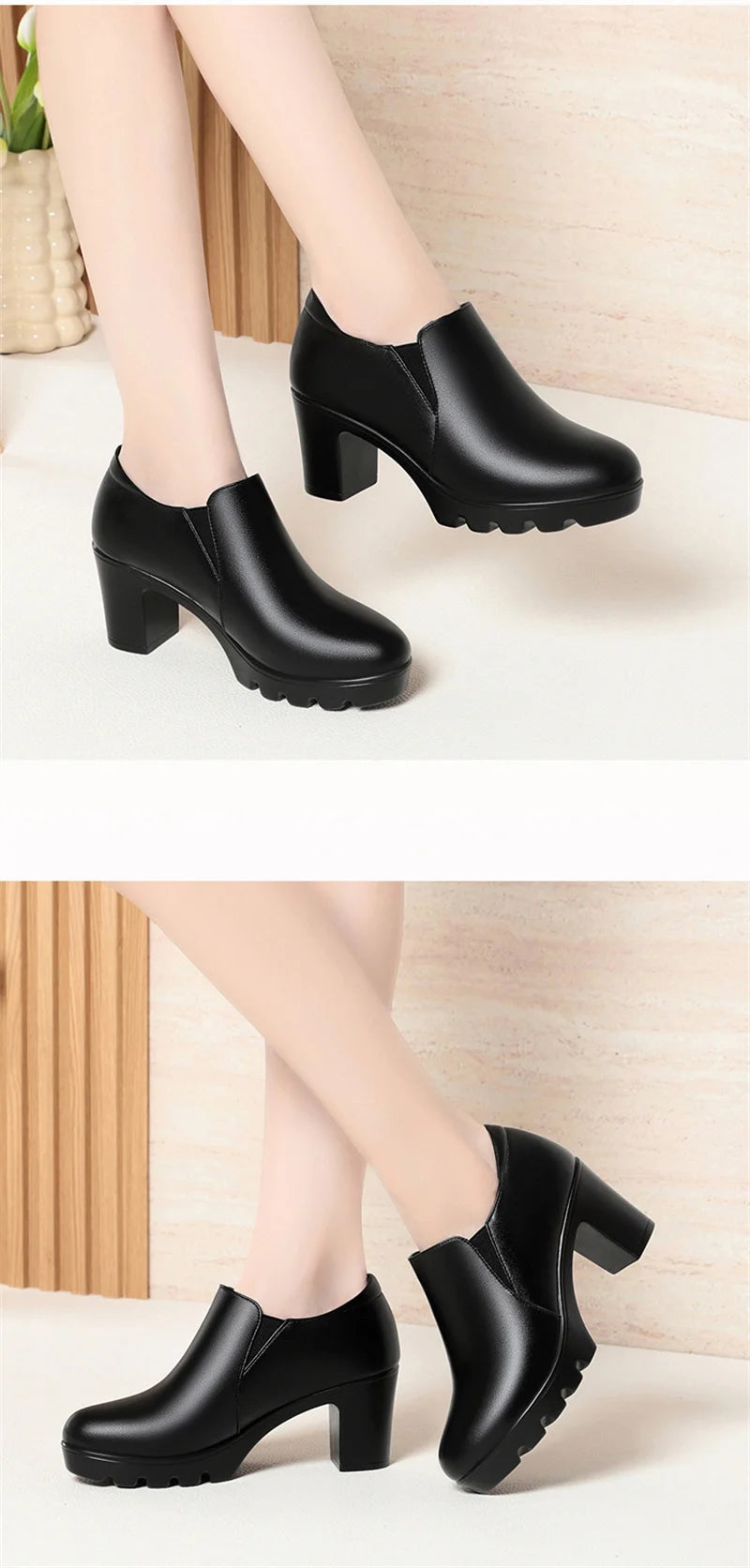 Round Toe Deep Mouth Single Shoes High Heels Thick Heels Versatile Spring Autumn Thick Sole Waterproof Platform Leather Shoes