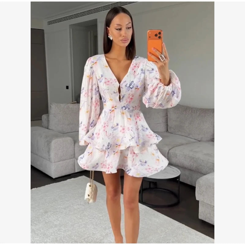 Elegant Floral Printed Waist-cinched Mini Dress Women Pleated Deep V-neck Long Sleeve Button-front Dresses Fashion Party Robe