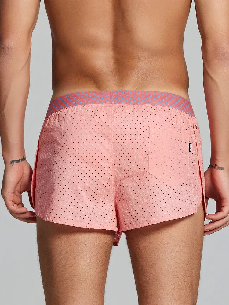 Summer new woven pure cotton Aro pants with side split button design, breathable mesh single-layer sleeping pants for men