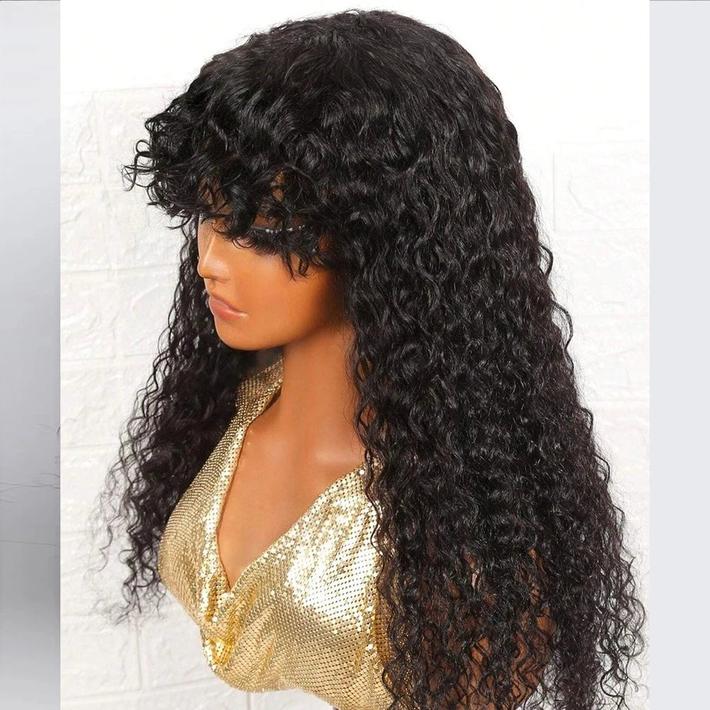 Long Water Wave Wigs For Black Women Malaysian Curly Human Hair Wigs With Bangs Full Machine Made Wigs Cheap Remy Human Hair Wig