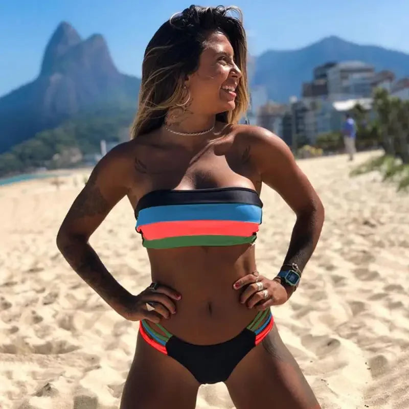 Women's Swimsuit Sexy Split Bikini Plain Cloth Splicing Striped Swimsuit Swimwear