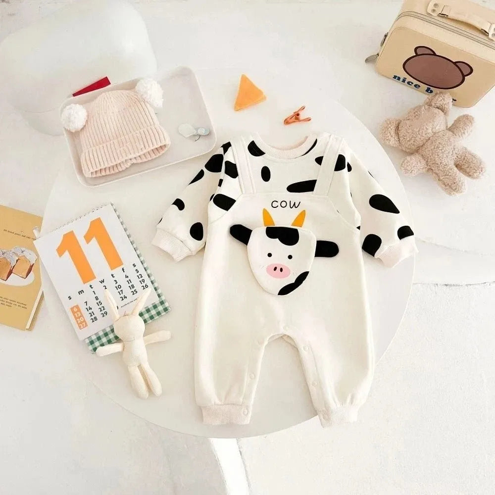 Kids Fashion Long Pants Cow Baby Romper Casual Outfit Infant False Two-pieces Jumpsuit Soft Cotton Newborn Jumpsuit Boy Girl