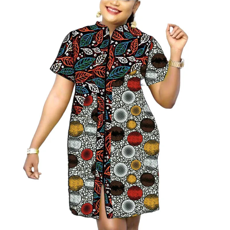 Original Design African Print Women’s Dress Stand Collar Frock Tailored Traditional Party Wear Retro Patchwork Designs