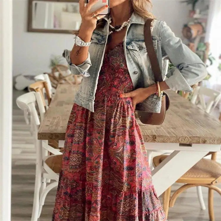 Women's Summer New Ethnic Style Printed Dress  Short-sleeved Waist Dress Fashionable Floral Petal Sleeves Large Hem A-line Dress