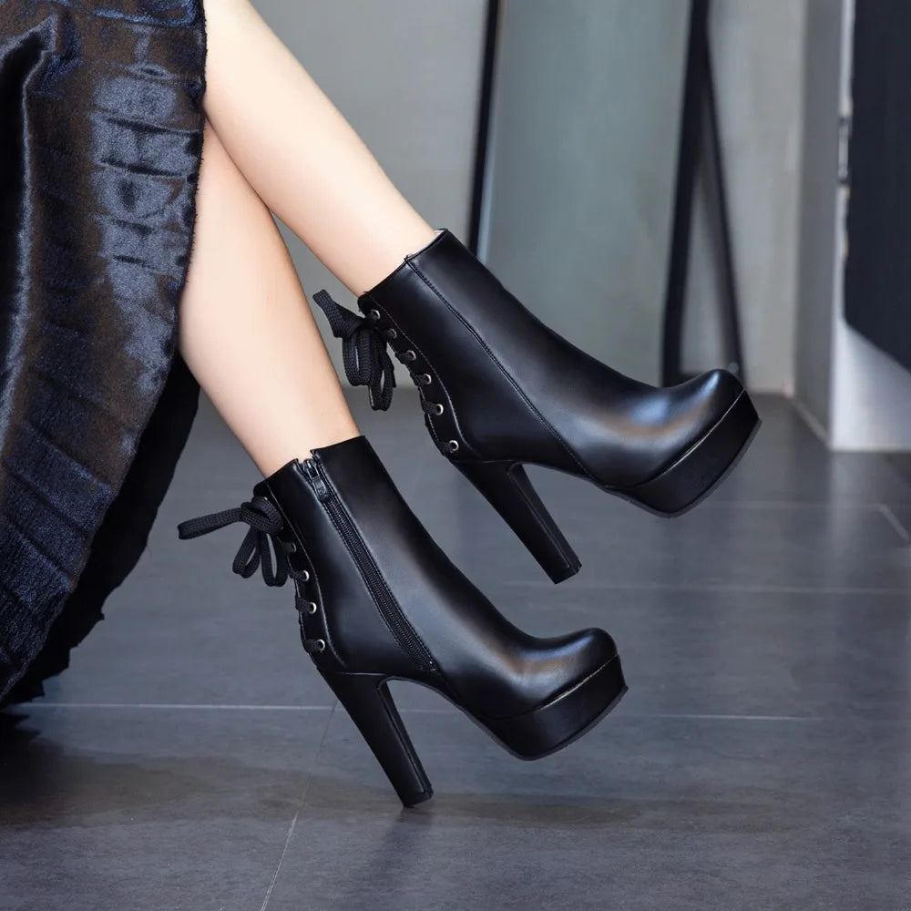 Fashion Ankle Boots Women Platform High Heels Short Boot Lace-up Black White Yellow Party Winter Shoes Lady Large Size 50 45