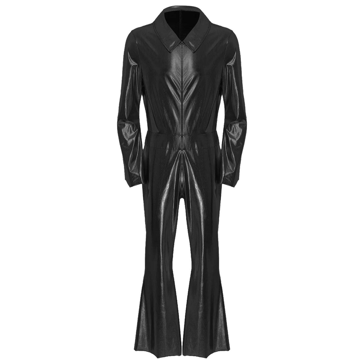 Mens 70s Disco Hippies Jazz Dance Performance Costume Metallic Shiny Unitards Jumpsuit Wide Leg Pants Rompers Vintage Clubwear