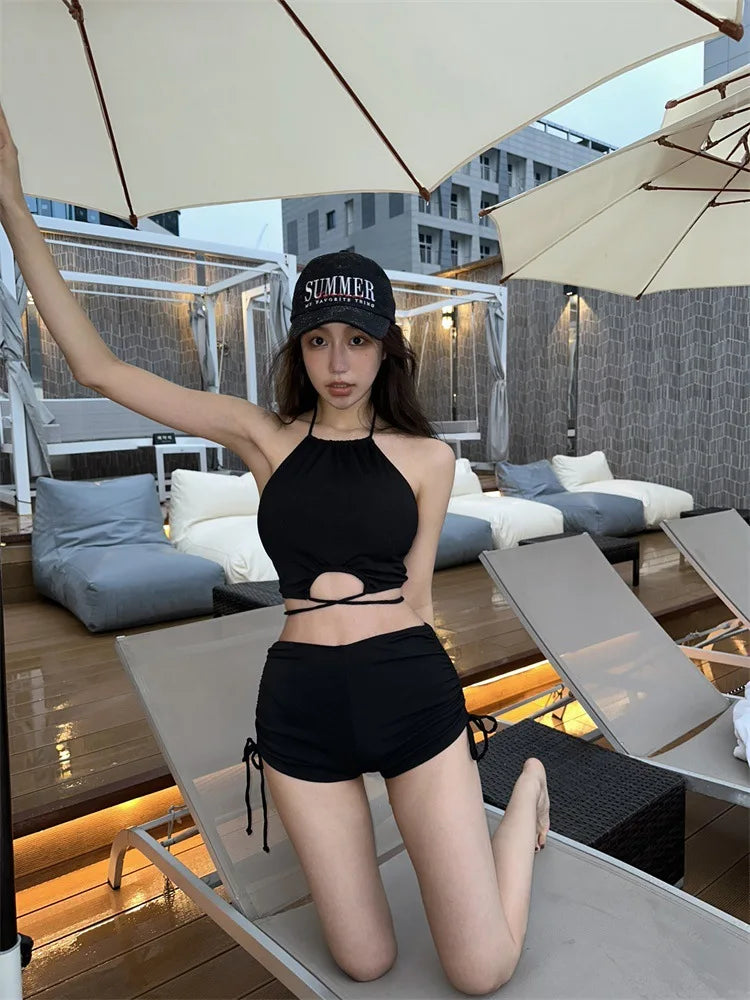 European and American Sexy Bikini Solid Color Design Swimsuit Spicy Girl Hanging Neck Strap Beach Vacation Split Swimsuit