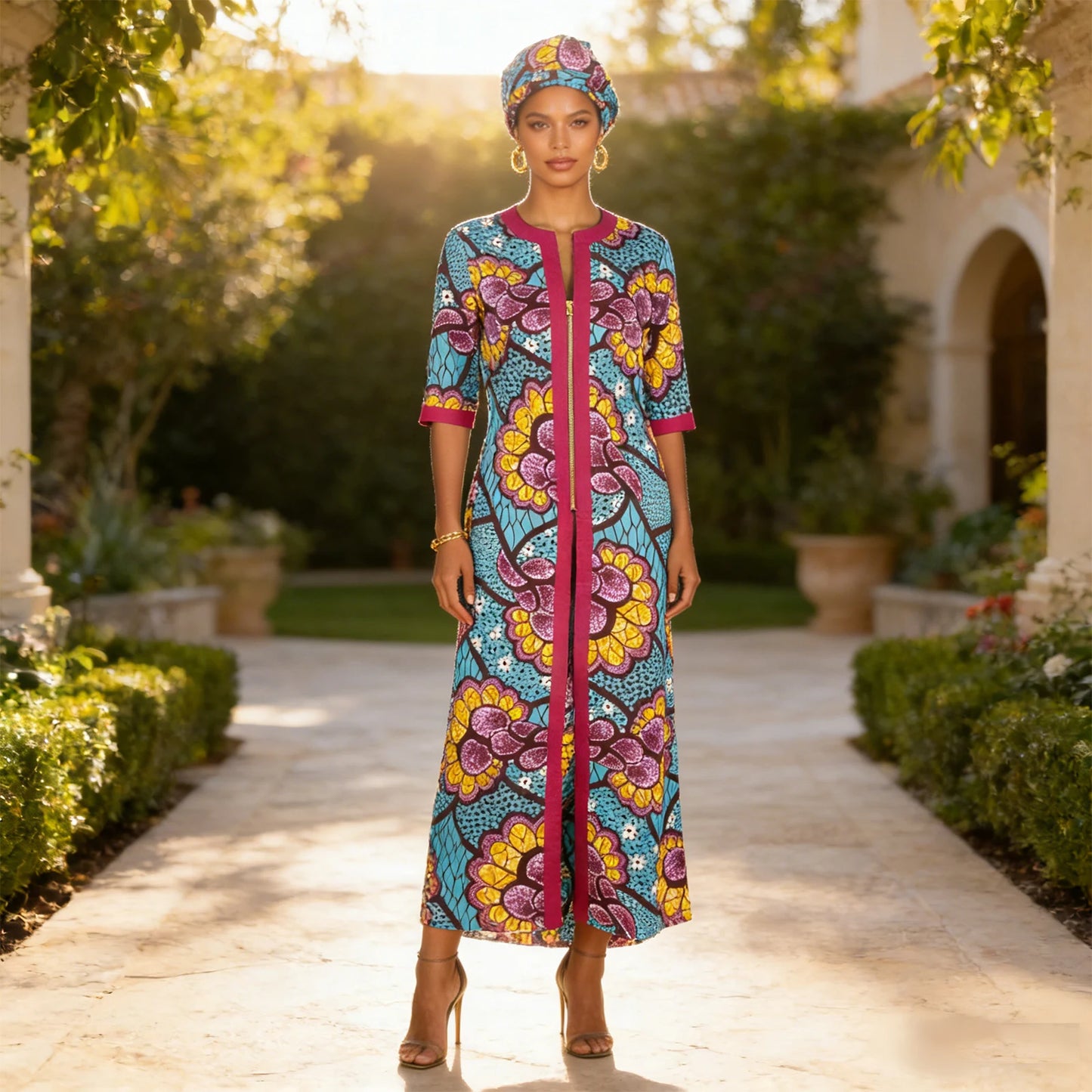 African Clothes for Women New Fashion Women Jacket Long Coat and Pants with Headscarf Ankara Print Elegant Party Dress 2426005