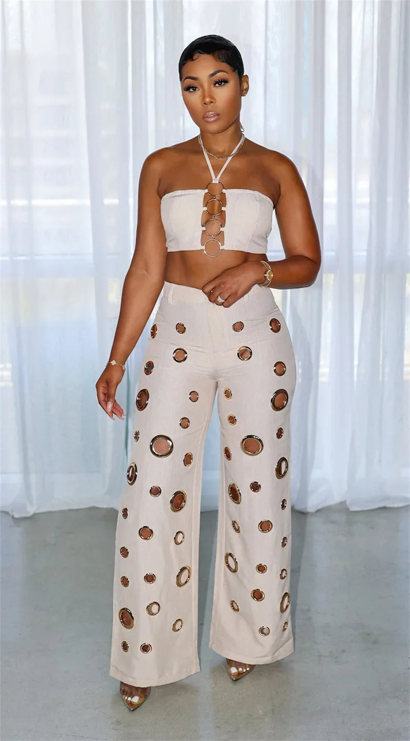 Sexy Night Party 2 Piece Sets Women Outfit Clubwear Festival Clothing Halter Crop Top and Pants Conjuntos Femininos Elegantes