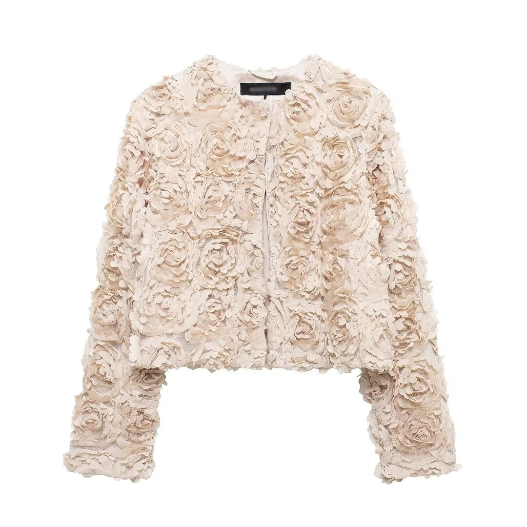 Spring and Autumn Simple Pure Color Round Neck Tops with Three-Dimensional Flower Shaped Texture Long Sleeved Jacket for Women