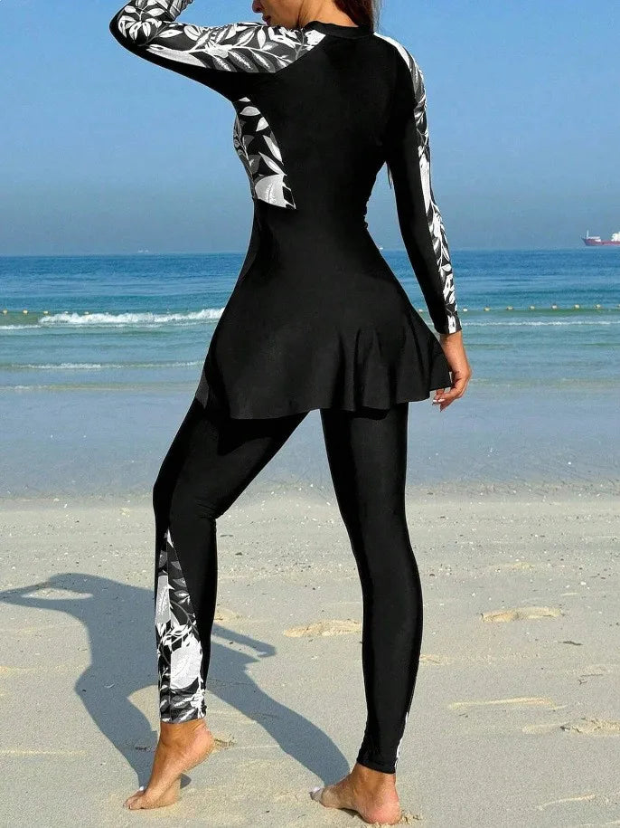 Burkini Femmes Swimwear Long Sleeve Black Tunic Swimsuit Full Leggings Front Zipper Swimming Suit Sun Protection Two Piece