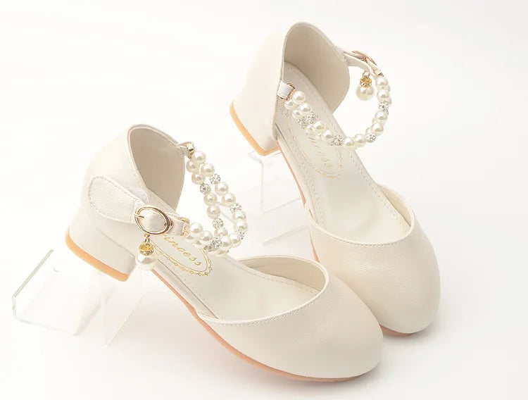 Pink Black White Party Wedding Shoes Children's High Heels Girl Shoe Elegan Pearl Princess Dress Girls Heel Shoes Child 2024 New
