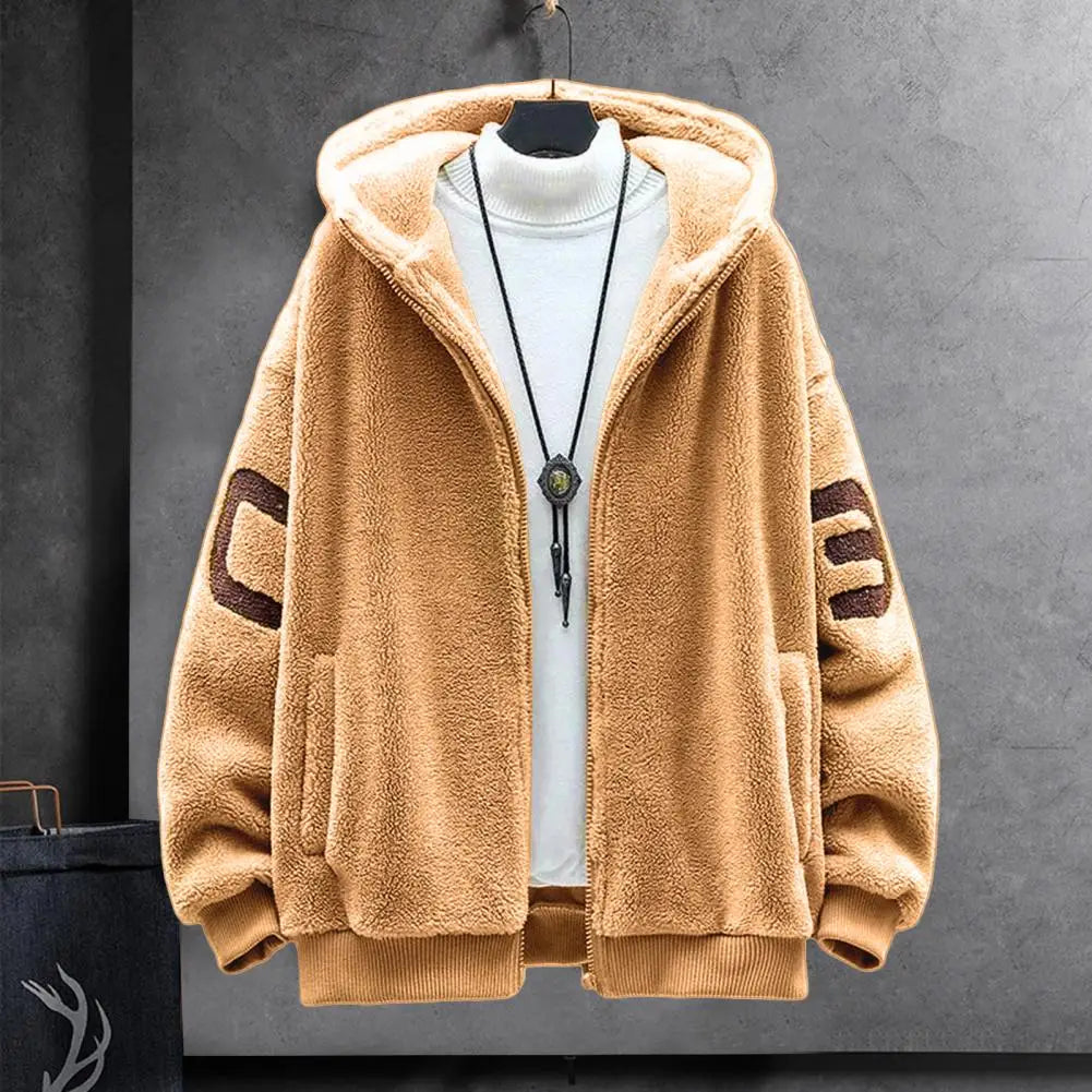 Faux Sherpa Thickened Men Jacket Zipper Closure Pockets Hooded Jackets Casual Thickened Sherpa Lining Winter Warm Men's Jackets