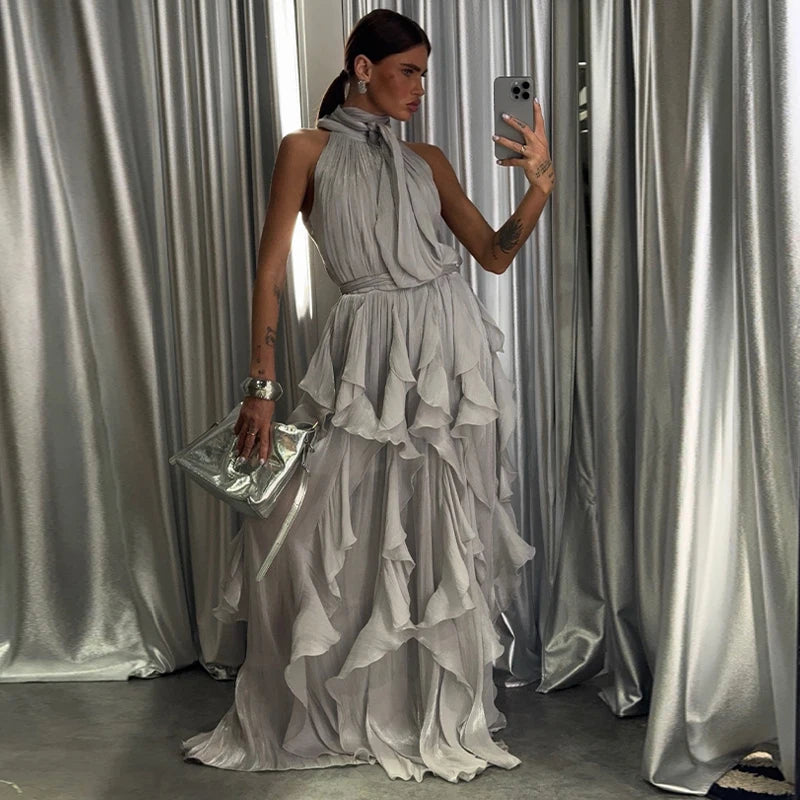 Sexy Cascading Ruffle Pleated Women Long Dress Fashion Lace Up Sleeveless Empire Female Dresses 2026 Spring Summer Lady Robe New