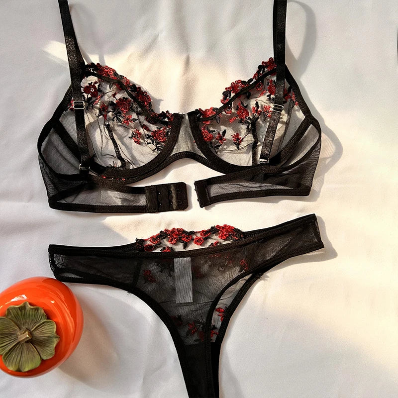 Sexy Underwear For Women Transparent Embroidered Small Flowers Bra Hot Lingerie Panties Intimates Woman Two Piece Set Clothing