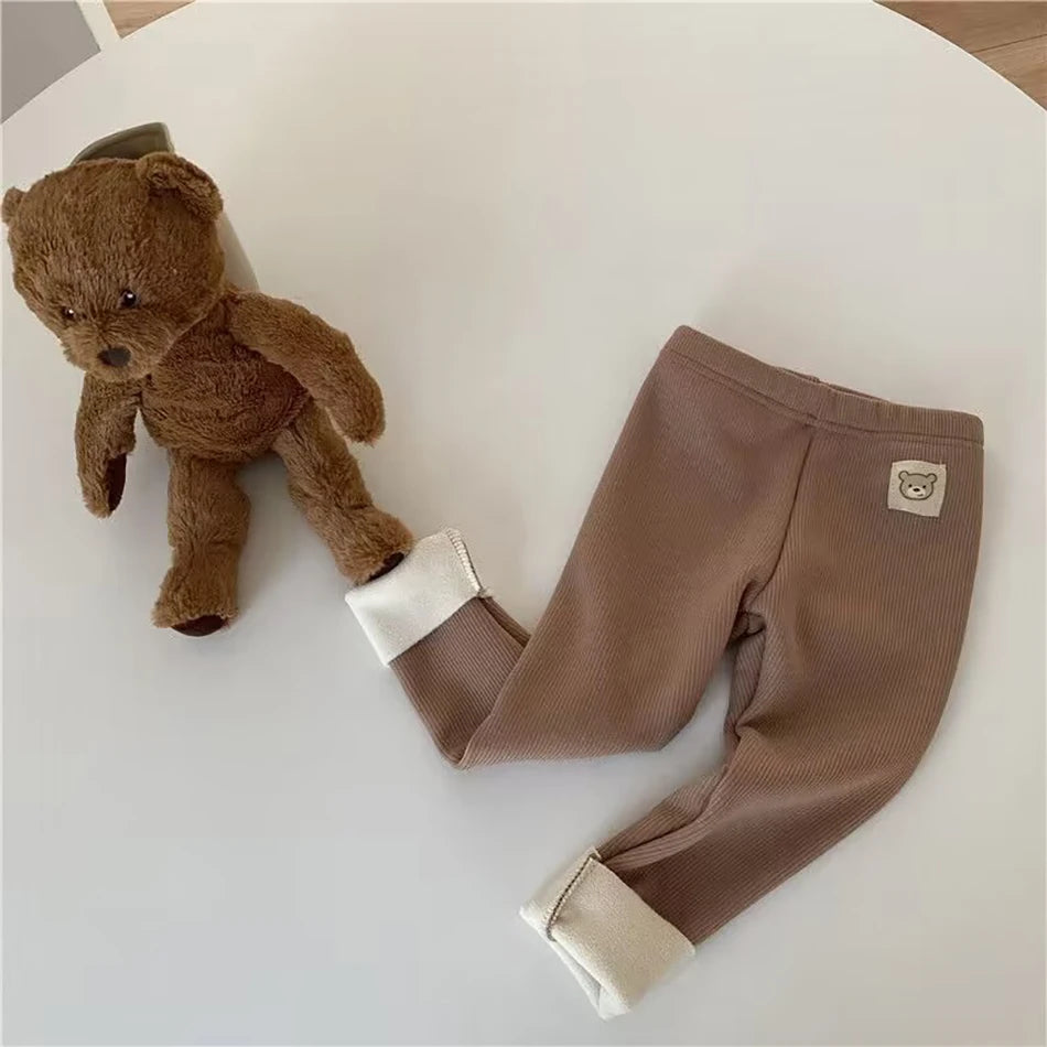 Plush Pants for Kids 1-8 Years Soft Warm Solid Color with Animal Cartoons Stretchy Comfy Winter Trousers for Boys and Girls