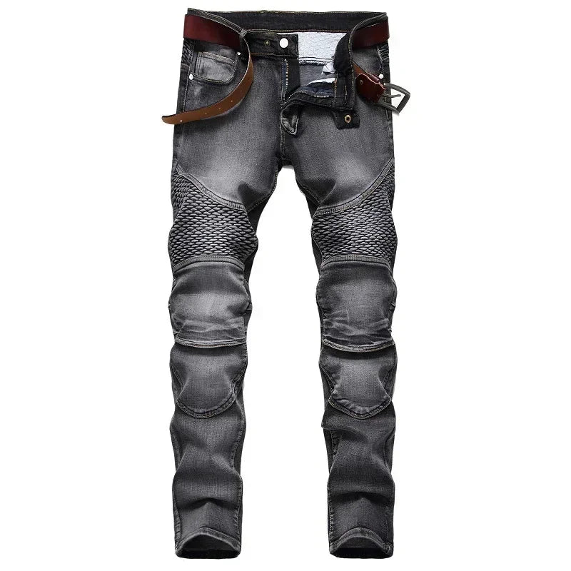 Men's New Casual Motorcycle Jeans Hip Hop Street Riding Stretch Slim Fit Straight Pants Patchwork Fashion Denim Trousers Male