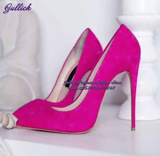 Gullick Women Hot Pink Suede High Heel Shoes 12Cm 10Cm 8Cm Stilettos Slip-On Pointed Toe Wedding Shoes Shallow Pumps Size45