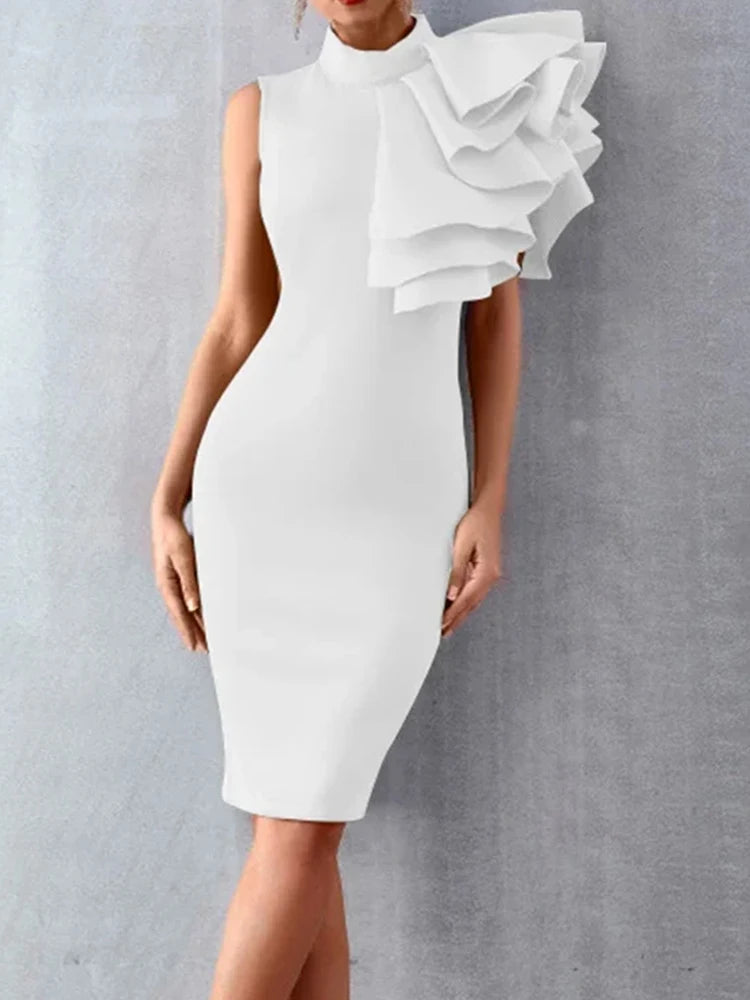 Summer Fashion Bodycon One Shoulder Dress With Flower Ruffle Elegant Evening