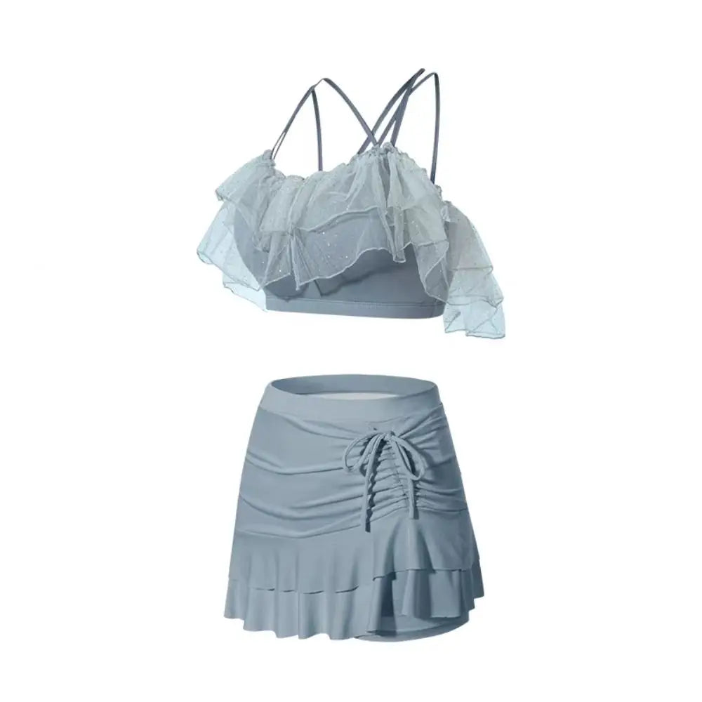 Ins Slim Fit A-line Skirt Swimsuit Off Shoulder Puff Ruffle Lace Ruffled Bathing Suit Beachwear Two Pieces Set Swimwear Swimming