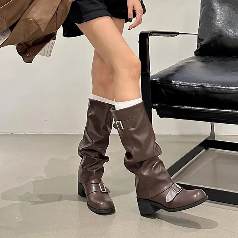 Pleated Buckle Knight Boots for Women Autumn Brown PU Leather Mid Calf Boots Woman Slip-On Thick Heel Riding 2024