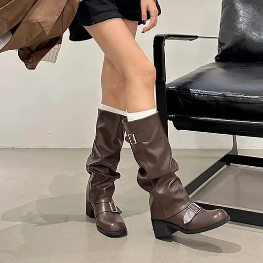 Pleated Buckle Knight Boots for Women Autumn Brown PU Leather Mid Calf Boots Woman Slip-On Thick Heel Riding 2024