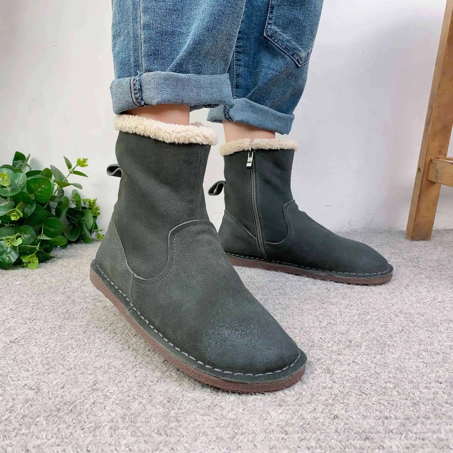 Careaymade-Genuine cow leather Snow cotton round head flats woolen short boots plush warm snow boots Oversized shoes size 35-43